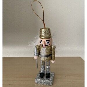 Mini Wooden Hanging Nutcracker Holiday Ornament 4” Gold And Silver Glitter Shine